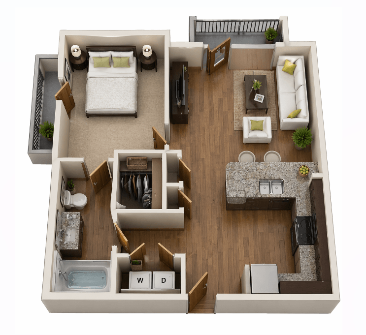 Floor plan for 1 bed, 1 bath, 624 sqft